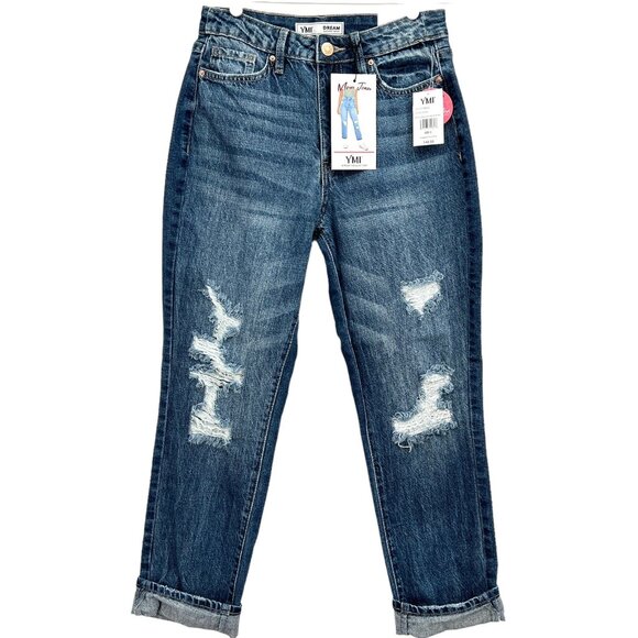 NWT YMI Women Hybrid Denim Distressed Whiskers High Rise Stretch Mom Jeans 5/27 - Picture 1 of 12
